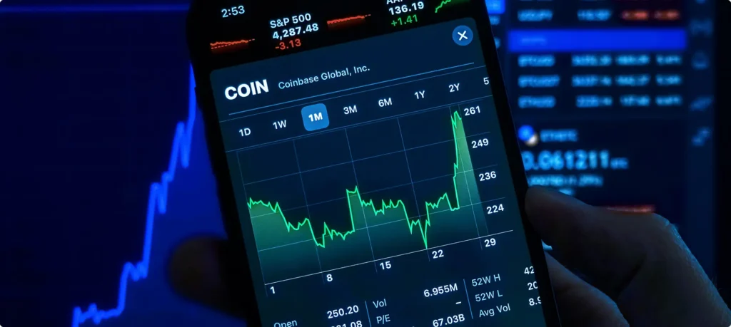 A close-up of a smartphone displaying a stock market trading app with a green line graph showing a rising trend for Coinbase Global, Inc. (COIN).